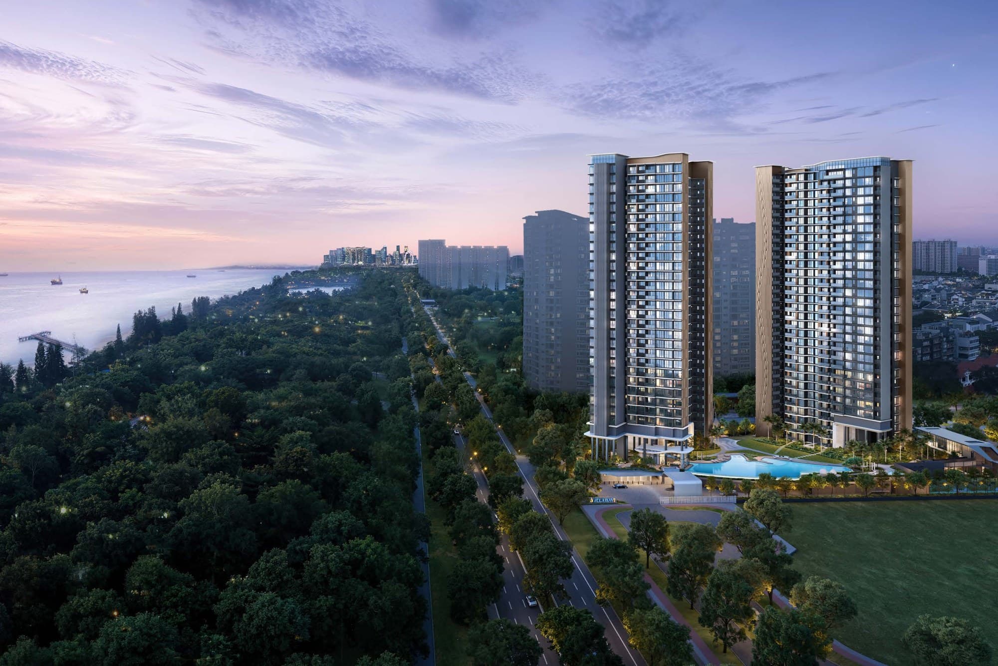 Vela Bay — towers at dusk overlooking the coast