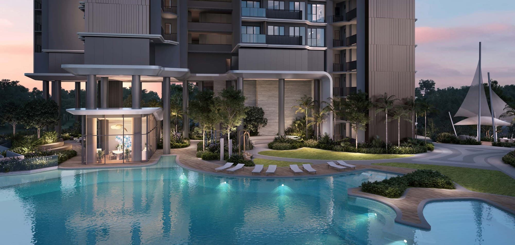 Vela Bay — pool and landscaping, aerial view